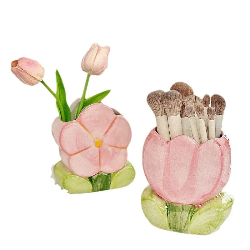 Ceramic flower pen holder storage box with floral pattern, dimensions 11.8x5.8x10cm