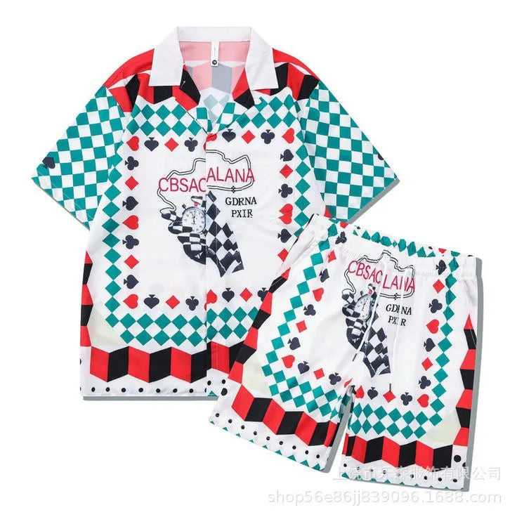 Beach plaid print shirt and trousers outfit set in European style for teenage summer wear