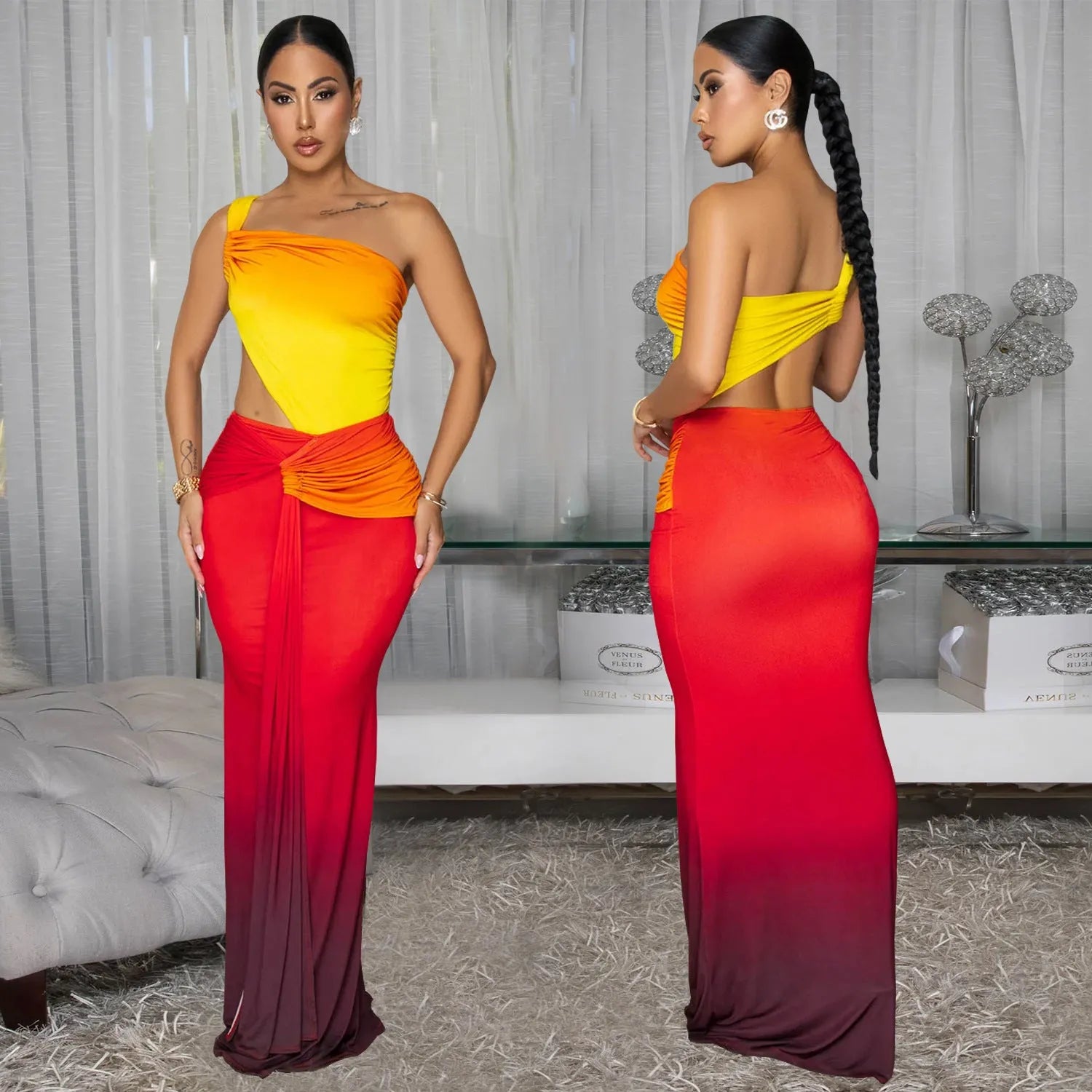 A woman's sleeveless cross-shoulder dress with a gradient colour long skirt.