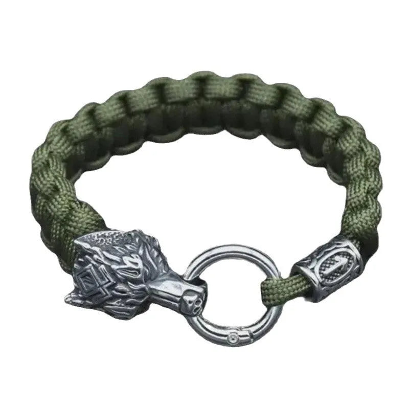 Handmade stainless steel wolf head bracelet with Luen characters in camouflage colour