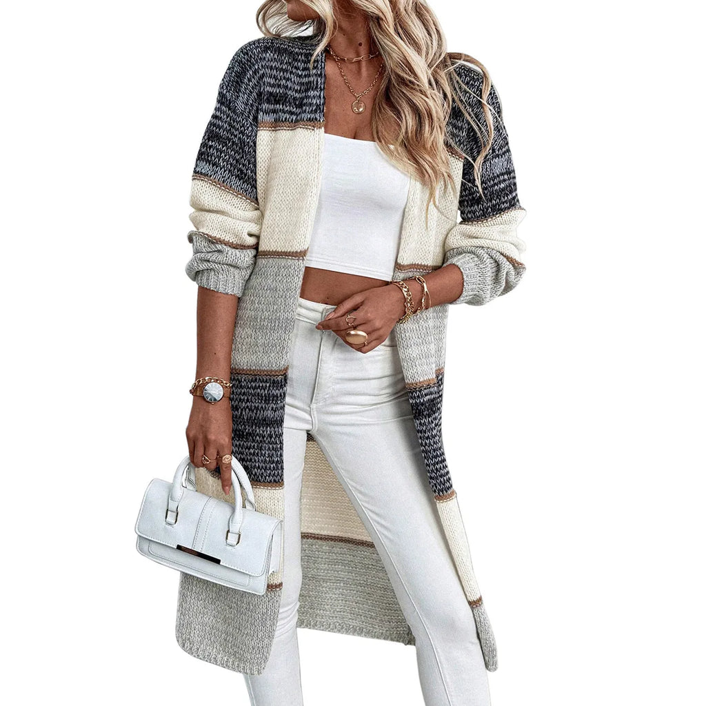 Grey women's knitted cardigan with long sleeves and loose street fashion fit