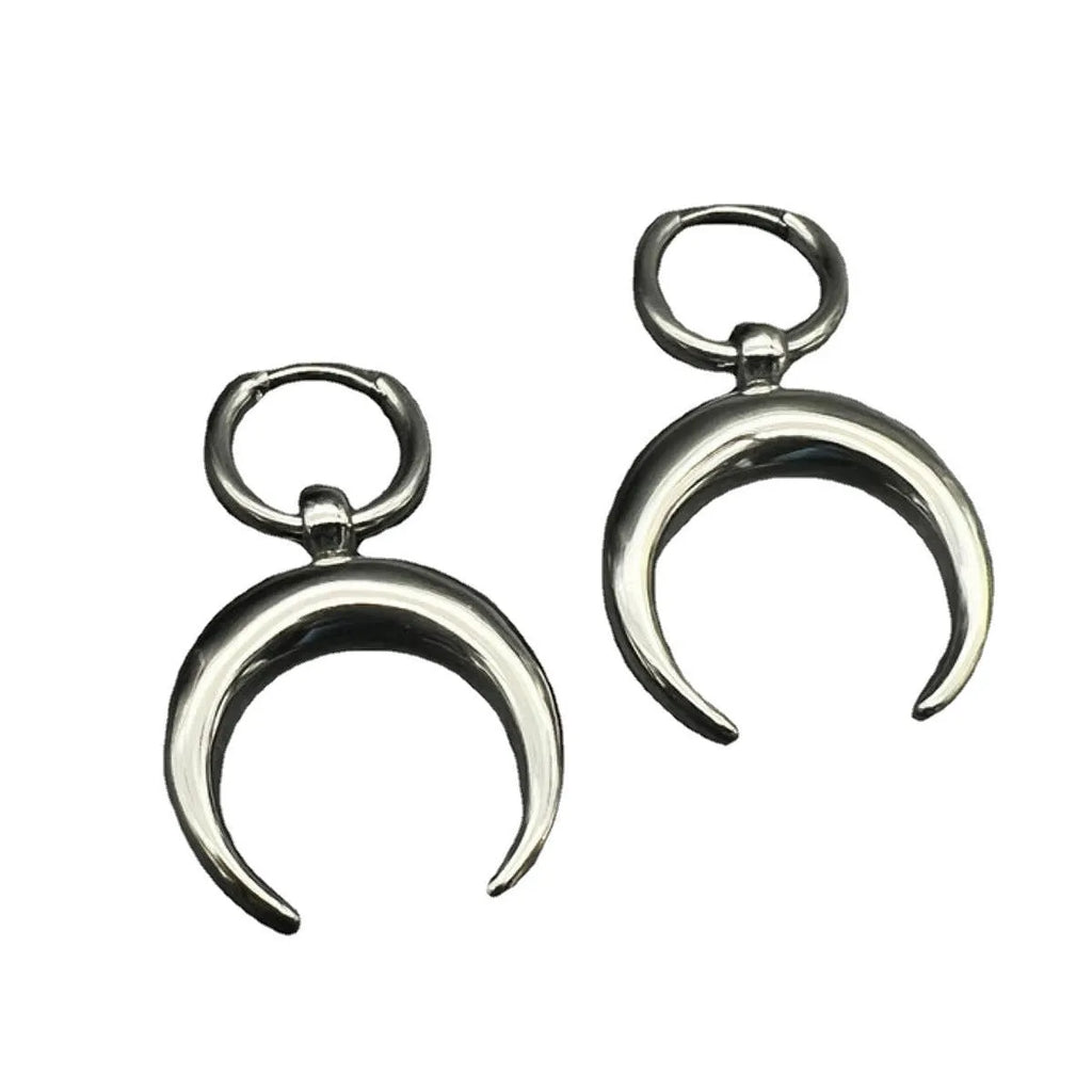 Silver geometric big hoop earrings with moon motif and punk gothic style