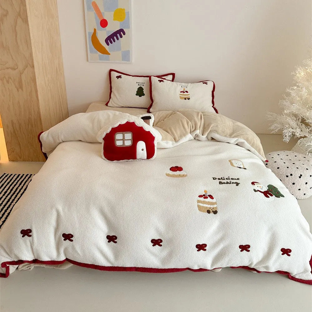 Winter Christmas cartoon cashmere bedding four-piece set shown on bed with duvet cover and pillowcases