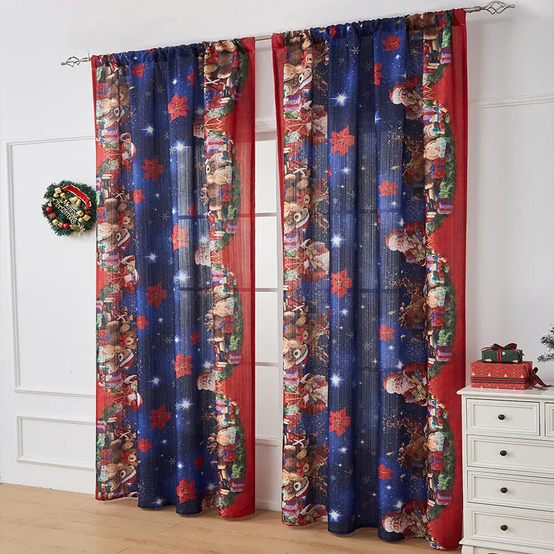 American-style rectangular polyester curtain with Christmas printed designs in red and blue colour options