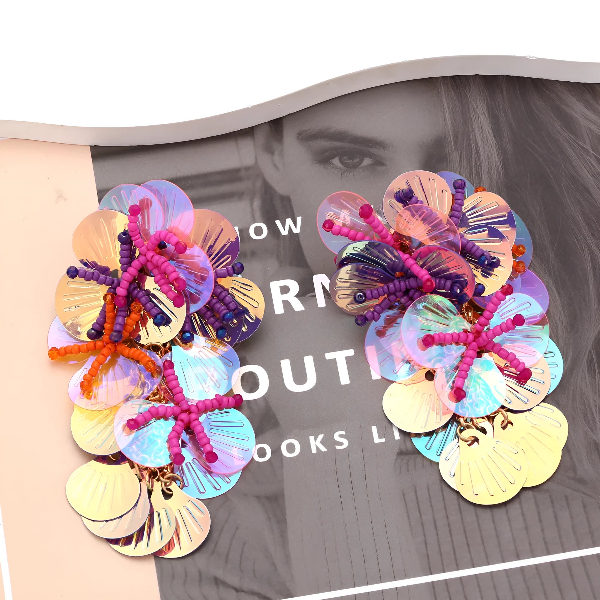 Handmade colourful string bead flower earrings with exaggerated dopamine style and European-American aesthetic