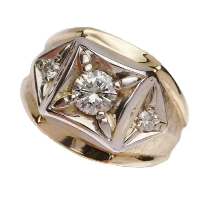 Geometric hollow couple rings with wide gold face showing square pattern, side view showing hollow design