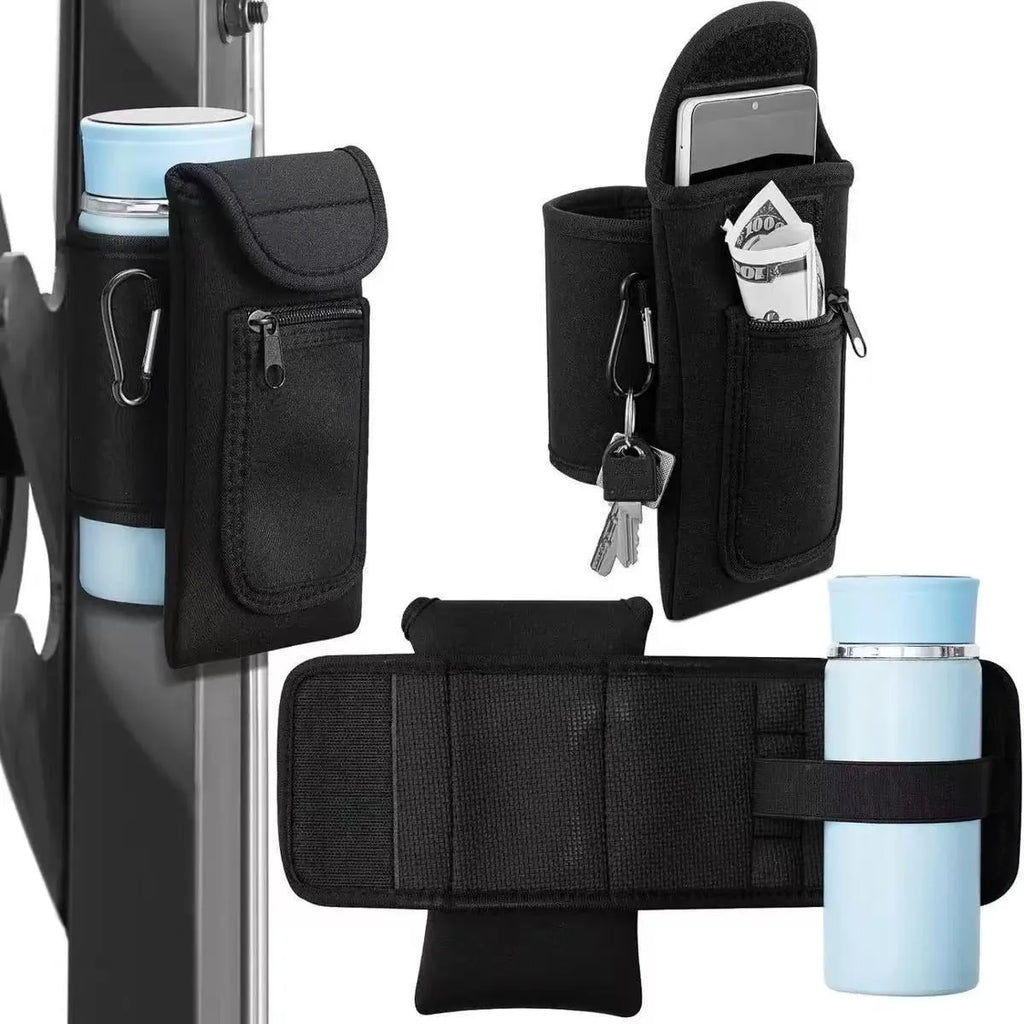 Cloth fitness bottle sleeve with magnetic closure or carabiner clip for large kettle bottles.