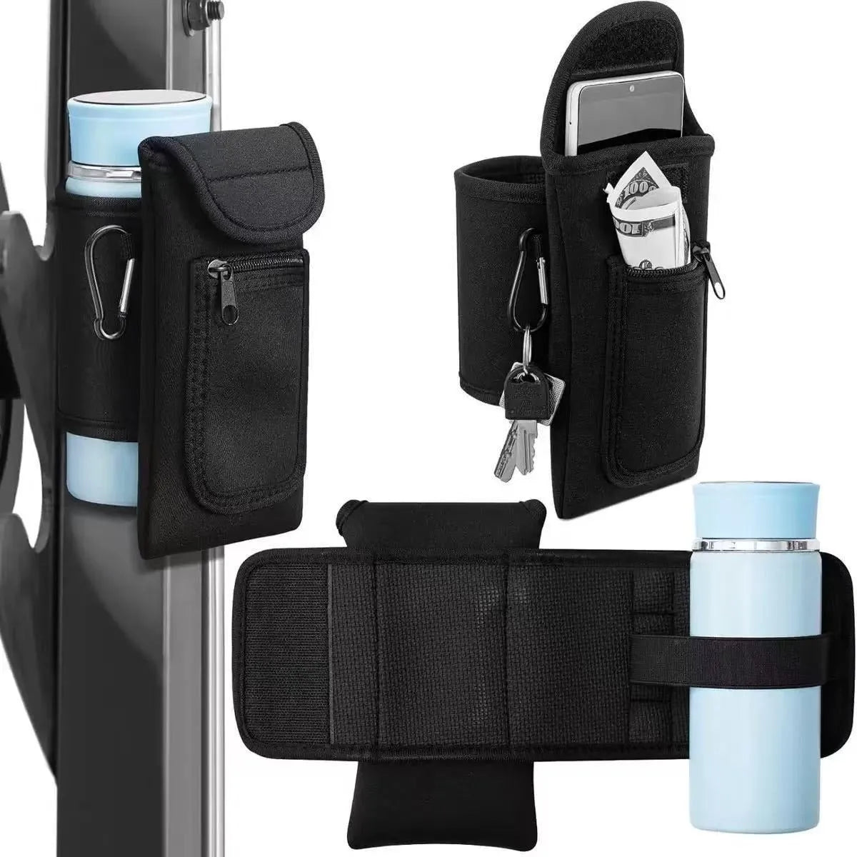 Cloth fitness bottle sleeve with magnetic closure or carabiner clip for large kettle bottles.