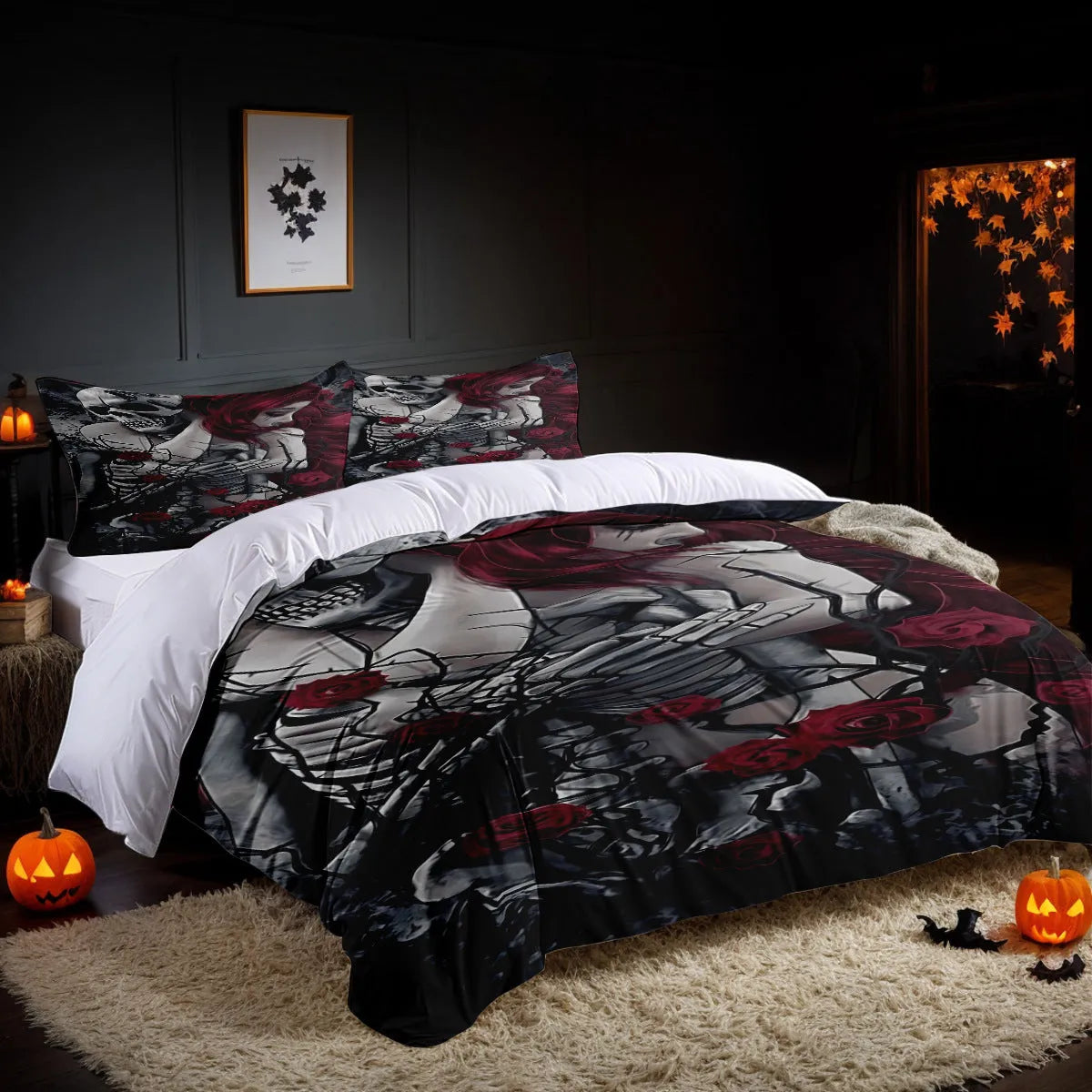 White three-piece bed set with digital print pattern on a bed, includes quilt cover and two pillowcases in modern simple style