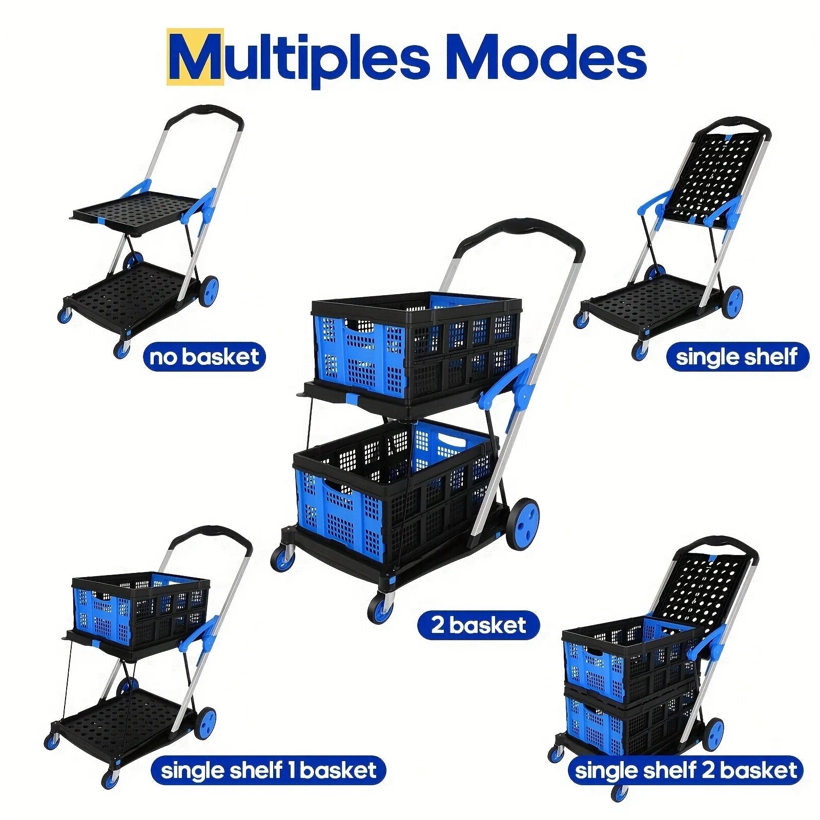 Foldable plastic shopping cart with double layer baskets in blue colour