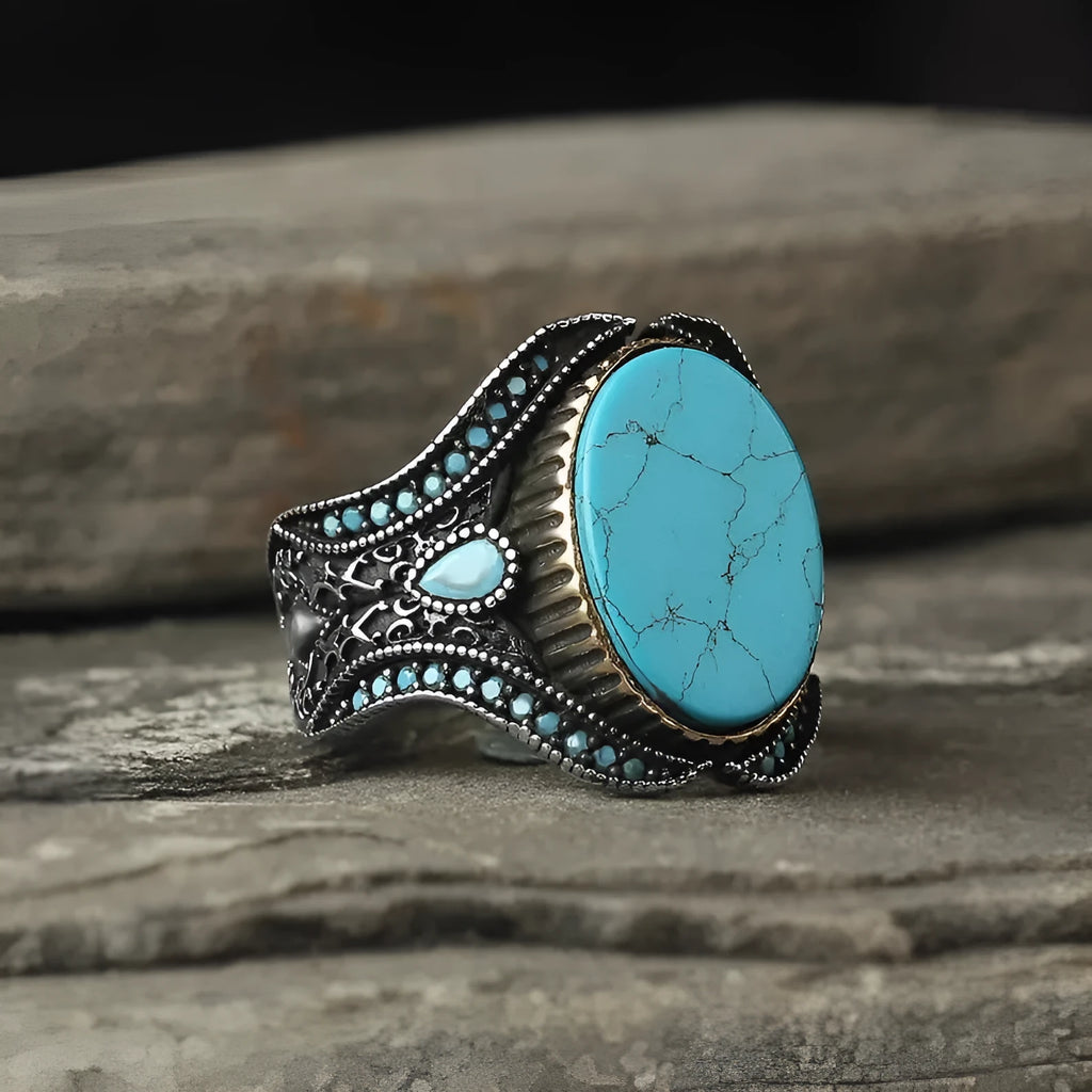 Men's antique silver alloy ring with turquoise stone in round band design