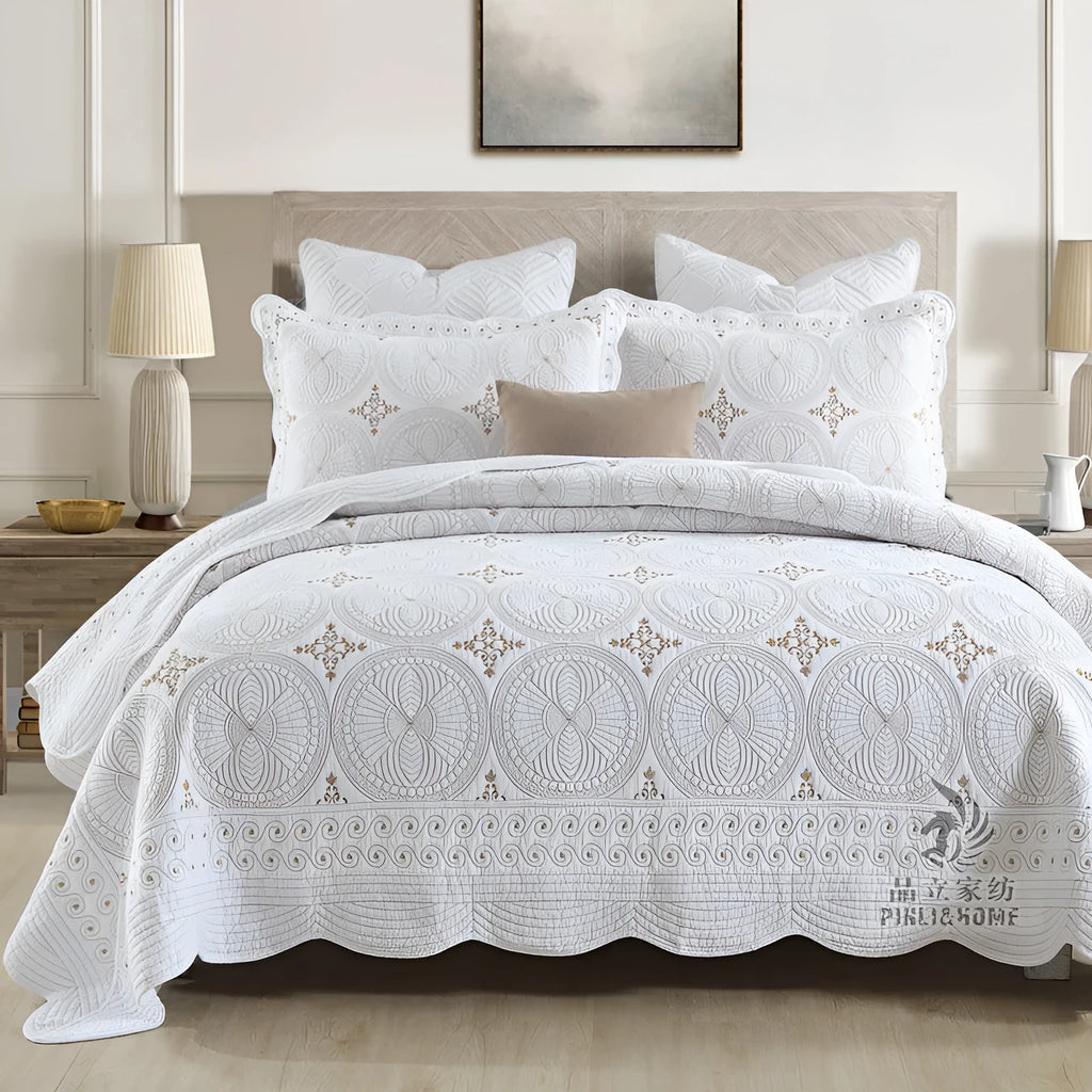 Pure cotton European-style embroidered bed cover set with two pillowcases on a 1.8m bed.