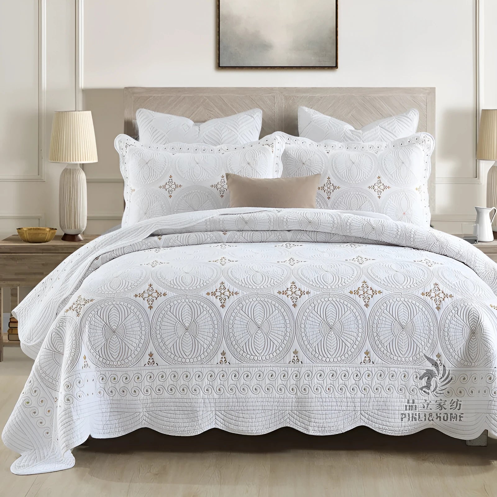 Pure cotton European-style embroidered bed cover set with two pillowcases on a 1.8m bed.