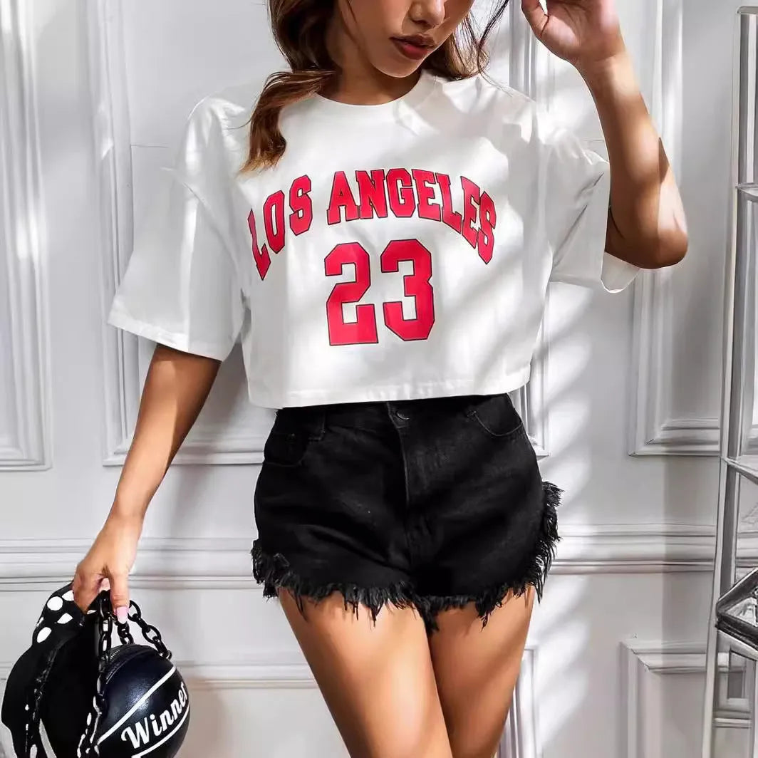 A black loose-fit women's cotton t-shirt with personalised white English letters printing on the front.