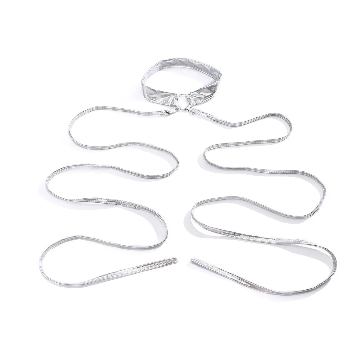 Women's silver alloy thigh chain with lace-up design and geometric cross-strap pattern