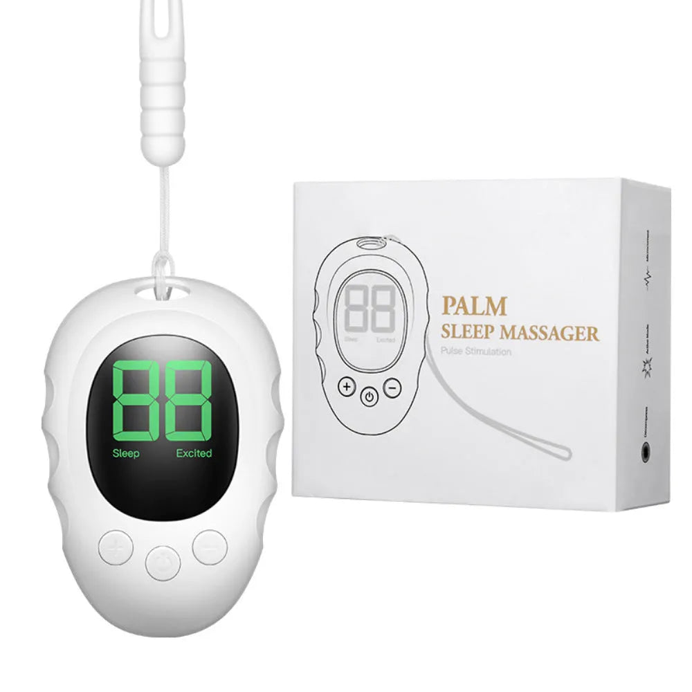 Silicone sleep aid hand grip monitoring device in white, black, or green colour with charging cable.