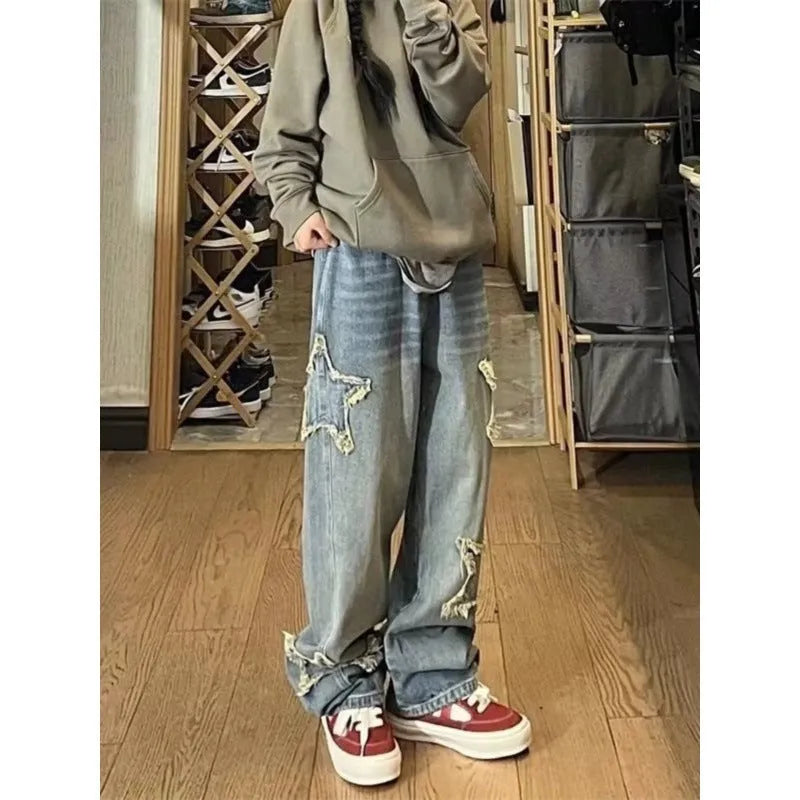 Blue high-waist straight-leg women's jeans laid flat.