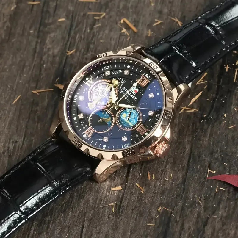 Men's black and rose gold automatic mechanical watch with large dial and leather strap.