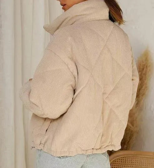 Women's apricot corduroy jacket with stand collar and full-length zip, wadded construction