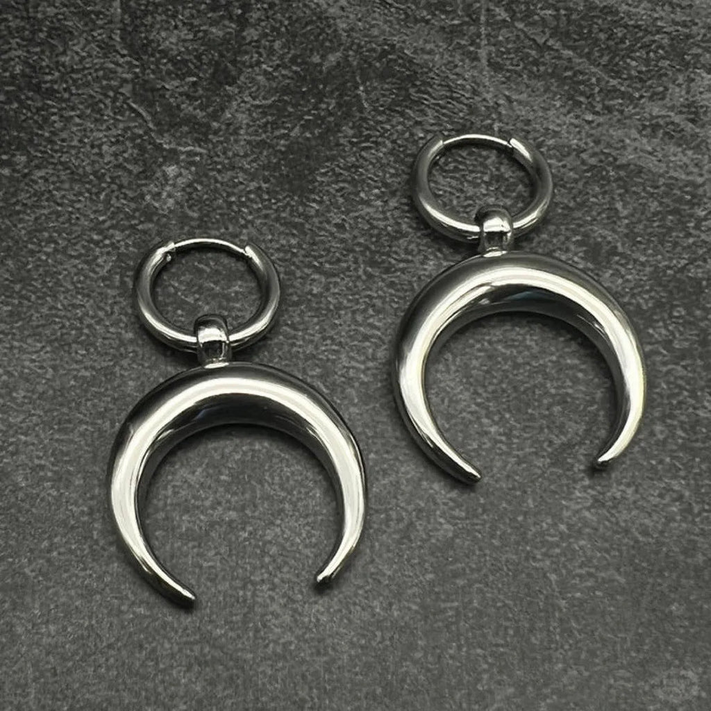 Silver geometric big hoop earrings with moon motif and punk gothic style