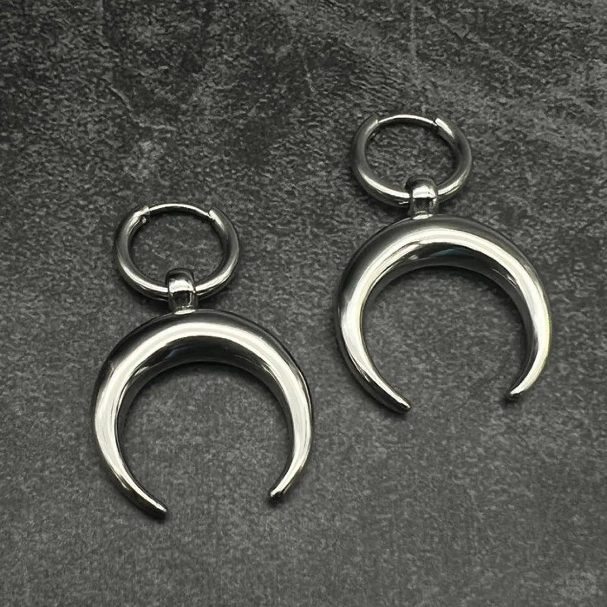 Silver geometric big hoop earrings with moon motif and punk gothic style