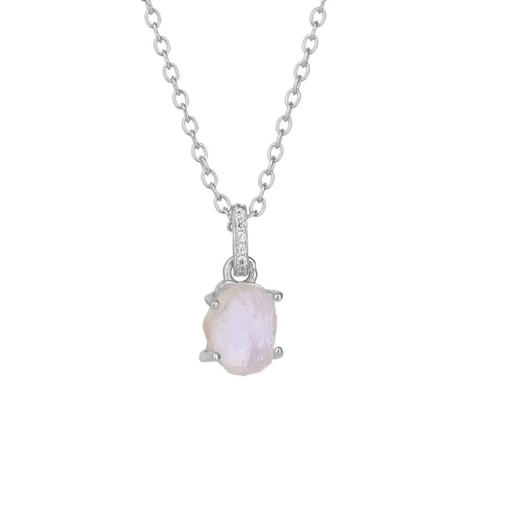 Geometrical quadrilateral moonstone pendant on an adjustable sterling silver curb chain necklace.