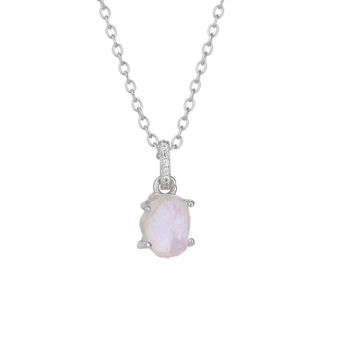 Geometrical quadrilateral moonstone pendant on an adjustable sterling silver curb chain necklace.