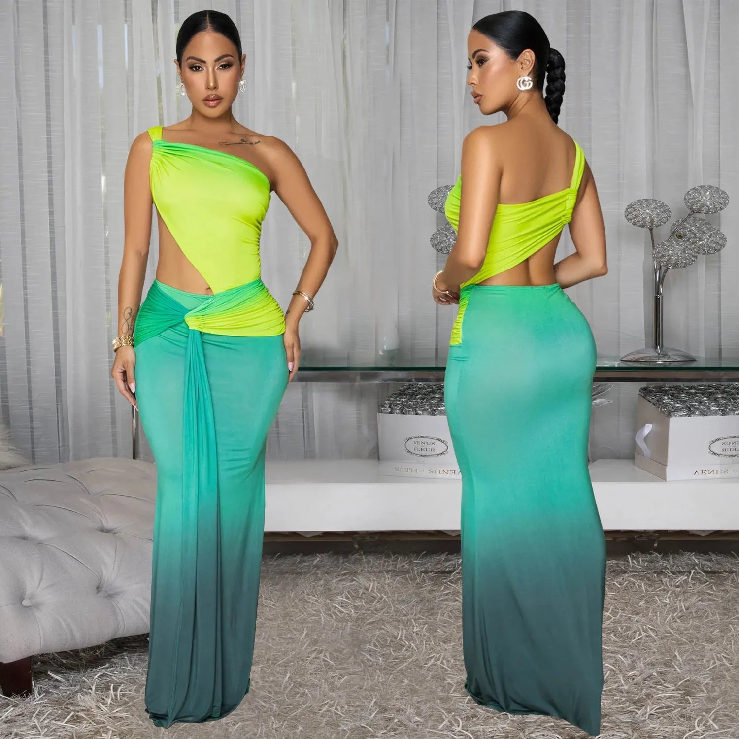 A woman's sleeveless cross-shoulder dress with a gradient colour long skirt.