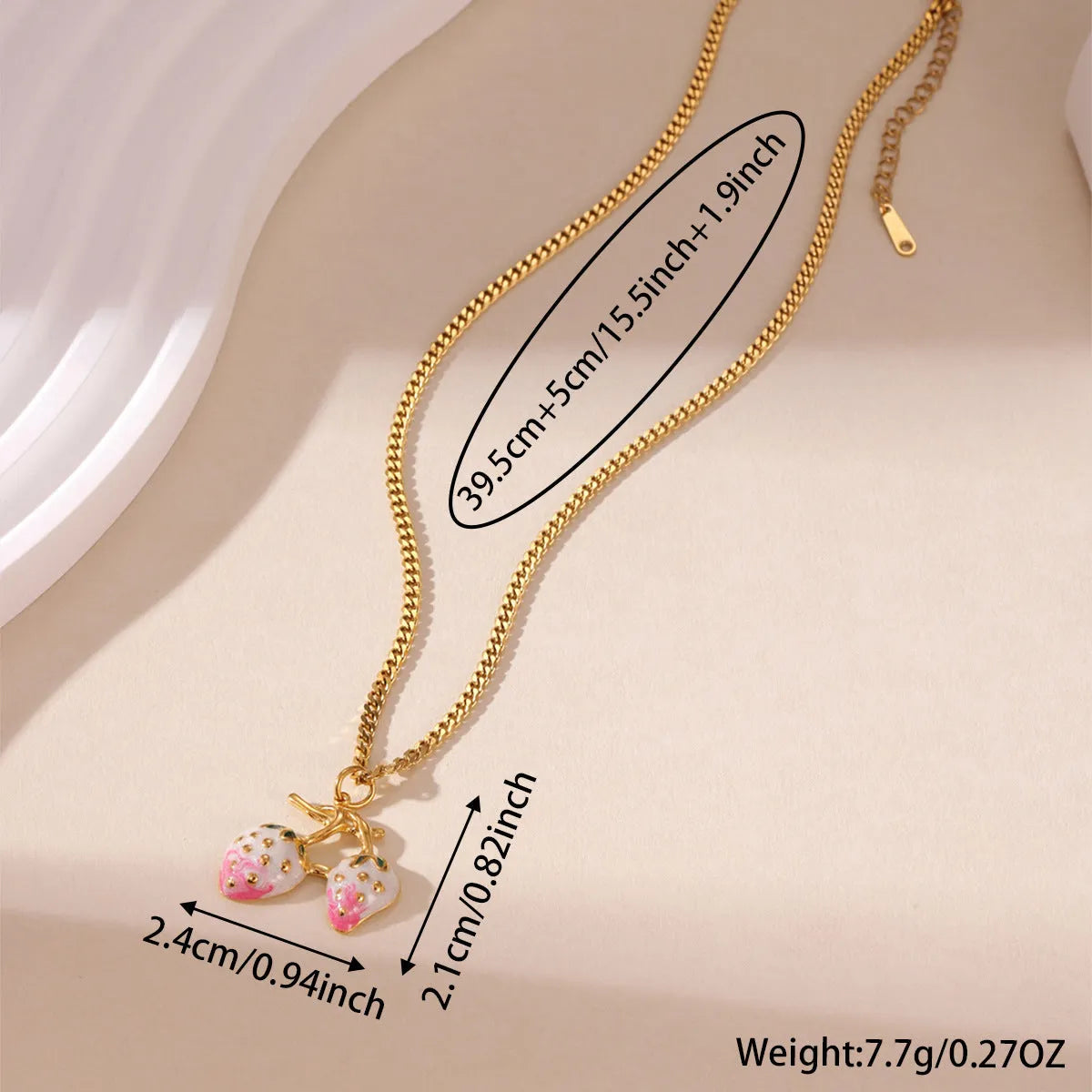 Stainless steel strawberry pendant necklace on an alloy chain, shown in red and white gradient colour options.