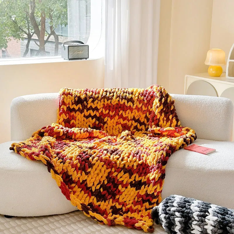Chenille striped cover blanket with thick ice bar pattern in caramel mango colour