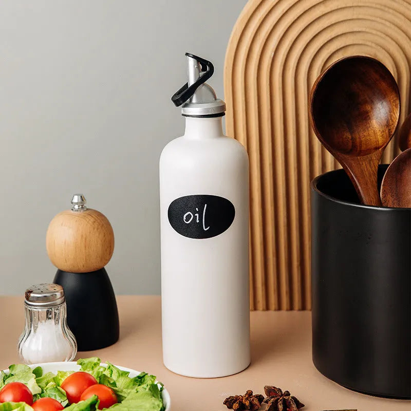 Ceramic oil pot with funnel attachment and brush in black, coffee brown, or white colour