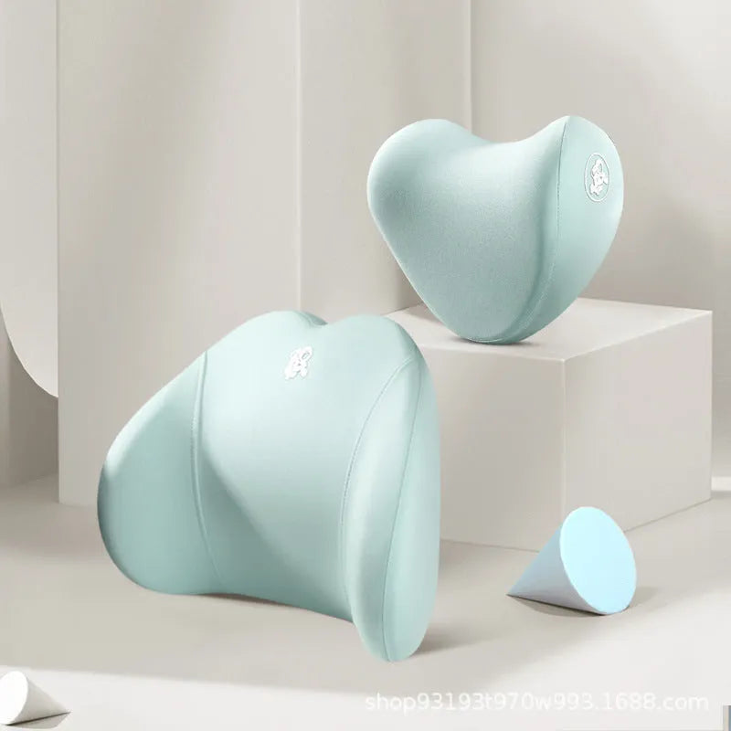 Heart-shaped car pillow set with memory foam filling for headrest and lumbar support in multiple colour options
