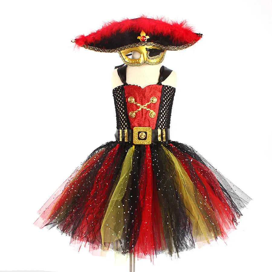 Girls pirate Halloween costume dress with sequins, mesh panels and lace detailing in sleeveless design