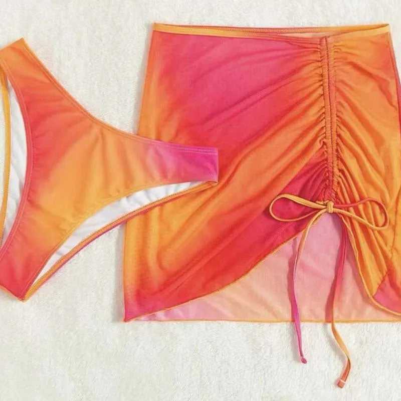 Women's orange gradient three-piece swimsuit with adjustable hollow suspenders and loop buckles