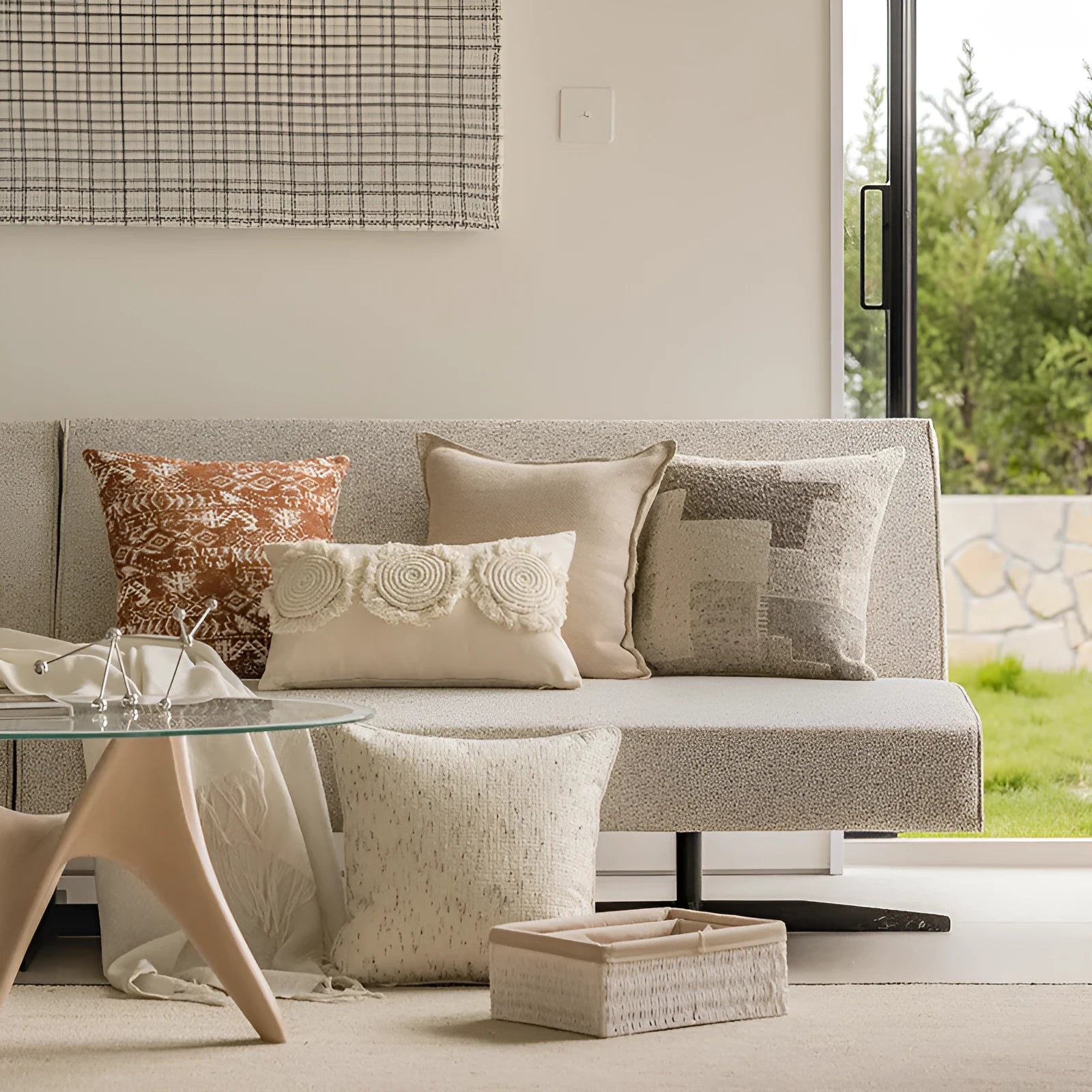 Red coffee brown square cushion with PP cotton filler on a grey sofa.