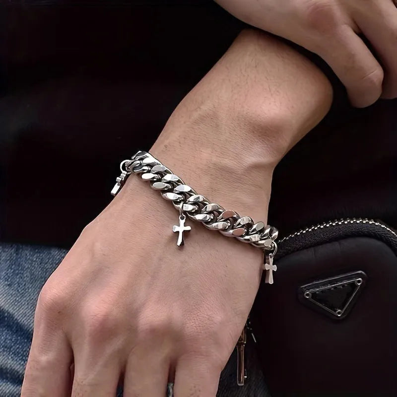 Men's titanium steel bracelet with geometric cross design in cold wind styling