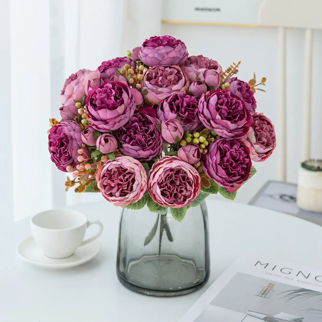 Silk artificial peony bouquet arrangement in champagne colour for wedding or home decoration