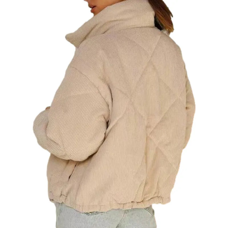 Women's apricot corduroy jacket with stand collar and full-length zip, wadded construction