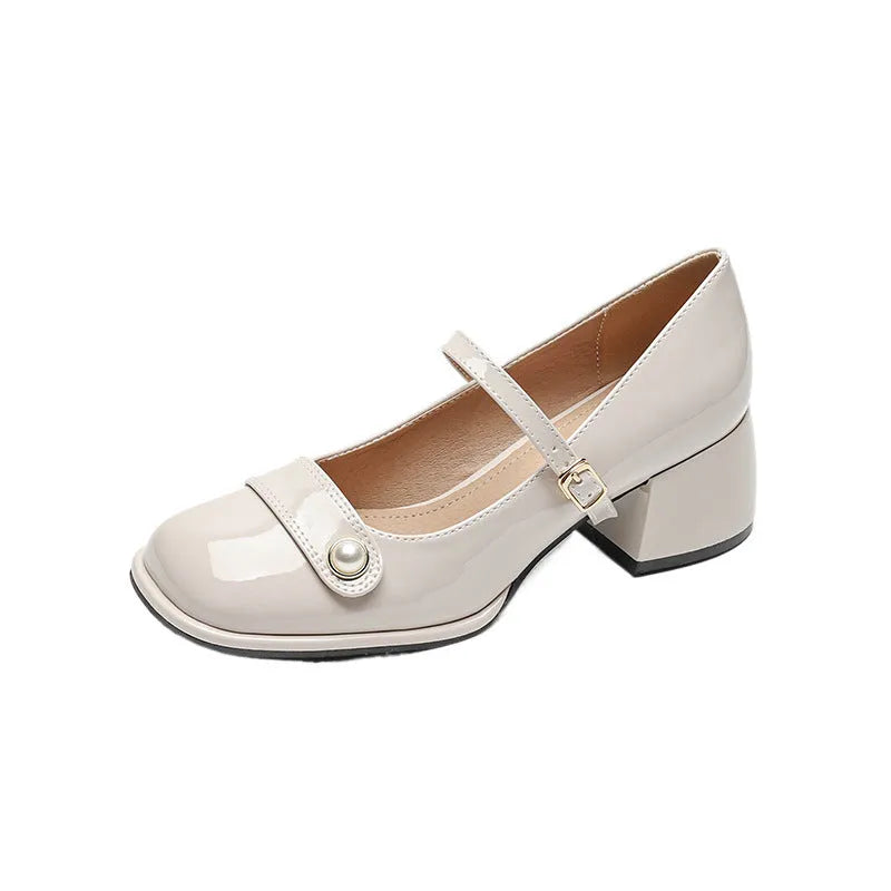 French style chunky heel hiking pumps with patent leather upper and buckle fastening in three colour options