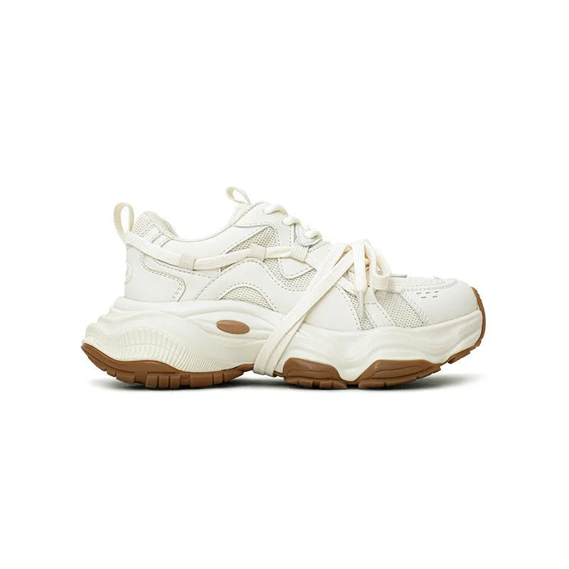 Women's milky white beige platform sneakers with dad shoe silhouette and round toe