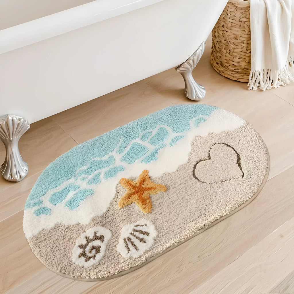 Square rainbow print polyester carpet mat with plastic bottom in Sky Sea colour.