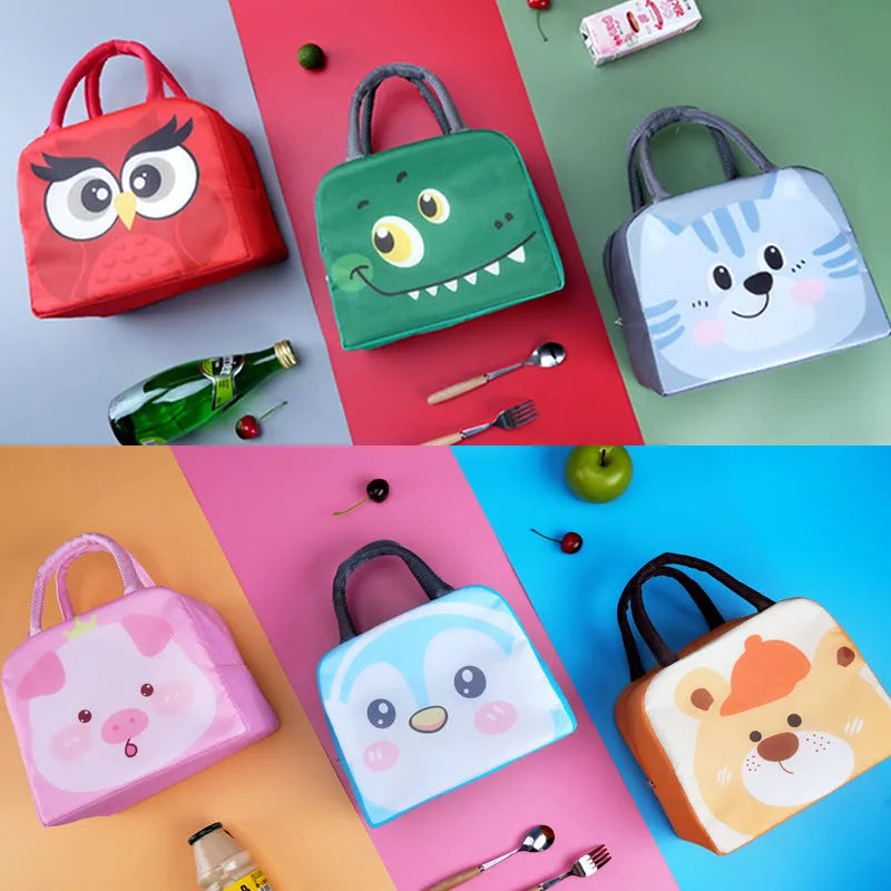 Children's insulated lunch bag in orange bear cartoon design with aluminium foil.