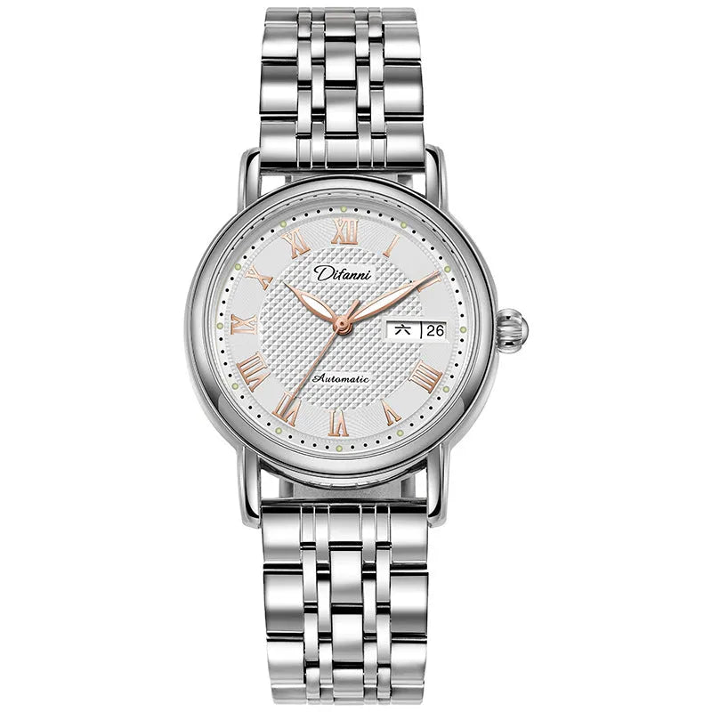 Women's automatic mechanical watch with 12mm thick case shown in various strap and dial colour options.