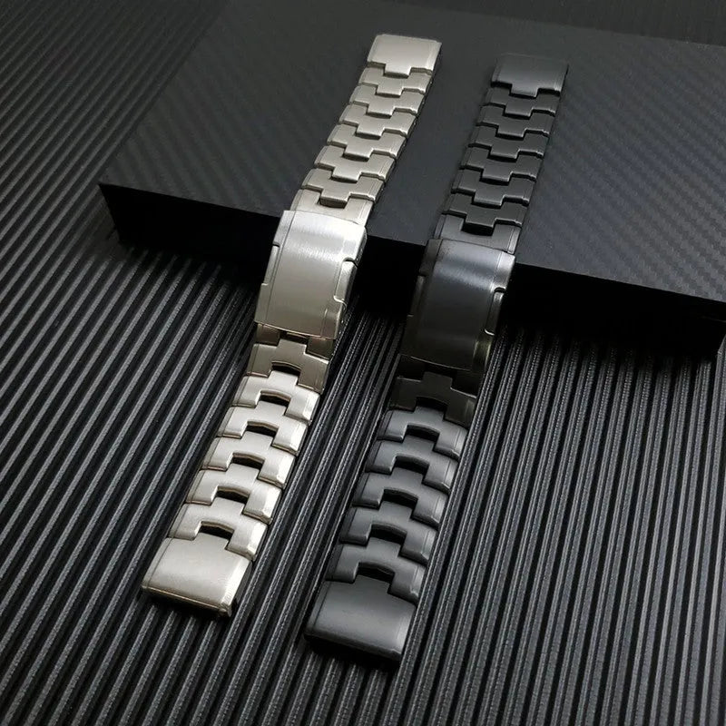 Garmin Jiaming and Fenix compatible watch strap in Black, Silver, and Titanium colour options showing 22mm and 26mm widths