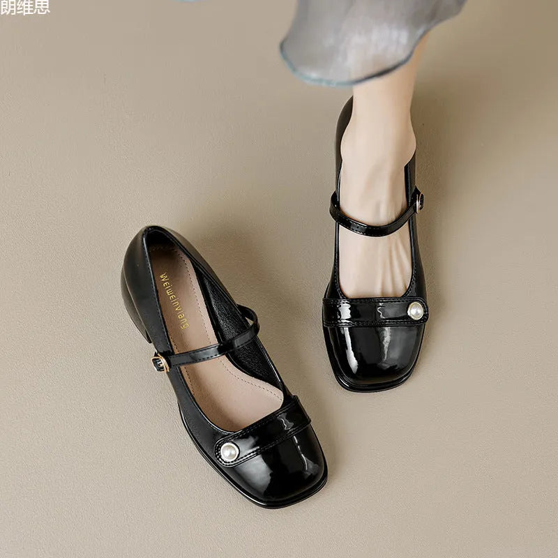 French style chunky heel hiking pumps with patent leather upper and buckle fastening in three colour options