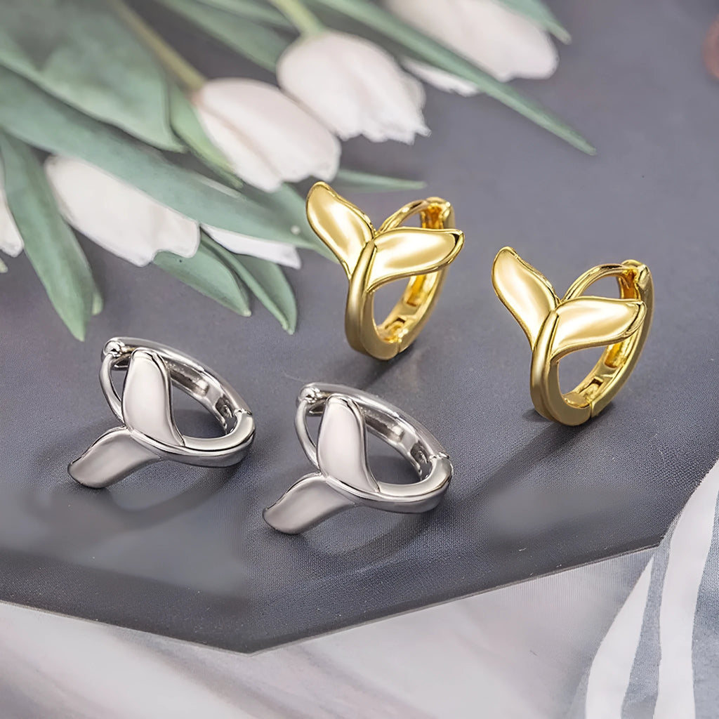 Women's fishtail design copper earrings in white gold or yellow gold electroplated finish