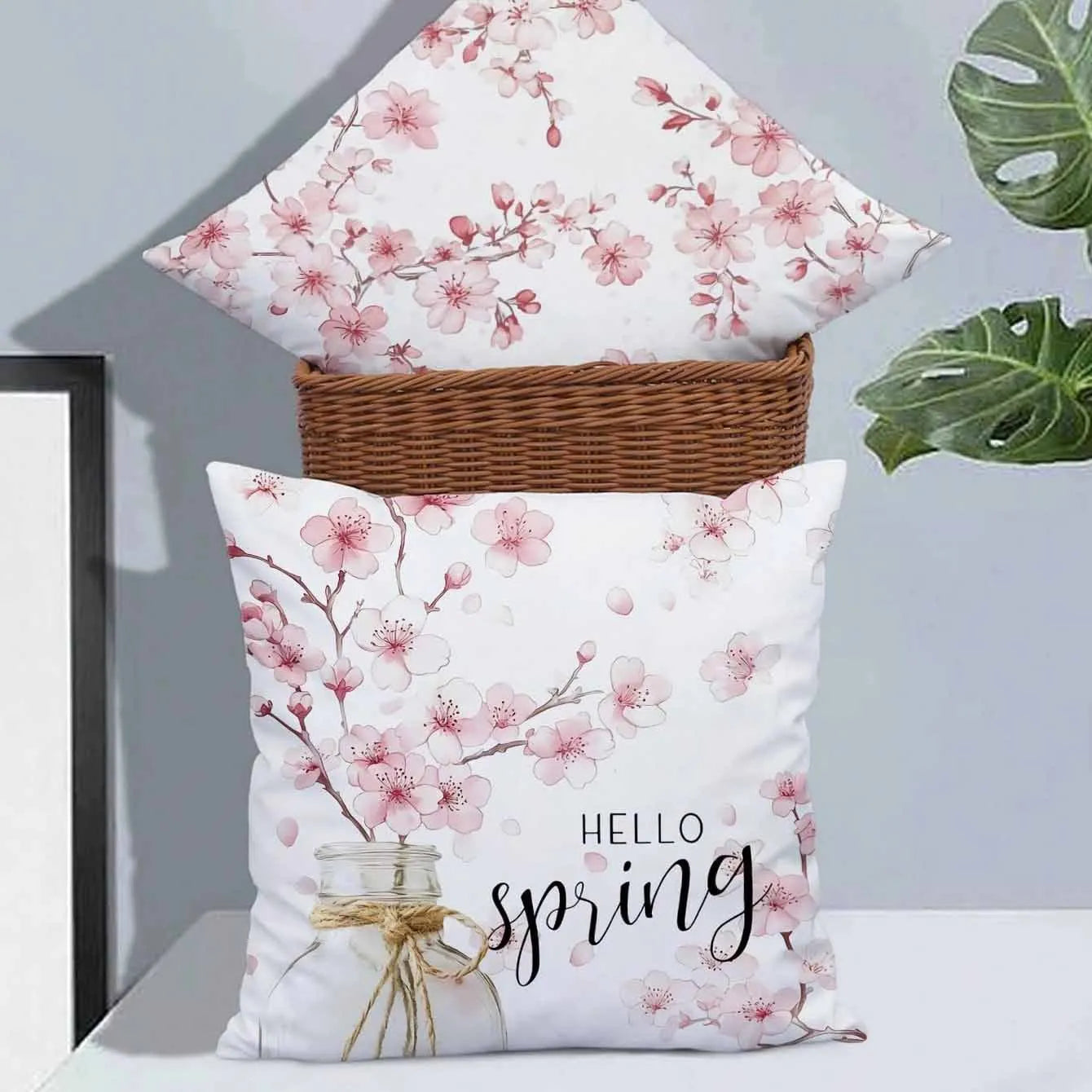 45cm square short velvet cushion cover with cherry blossom and letter print in one of four colour options.