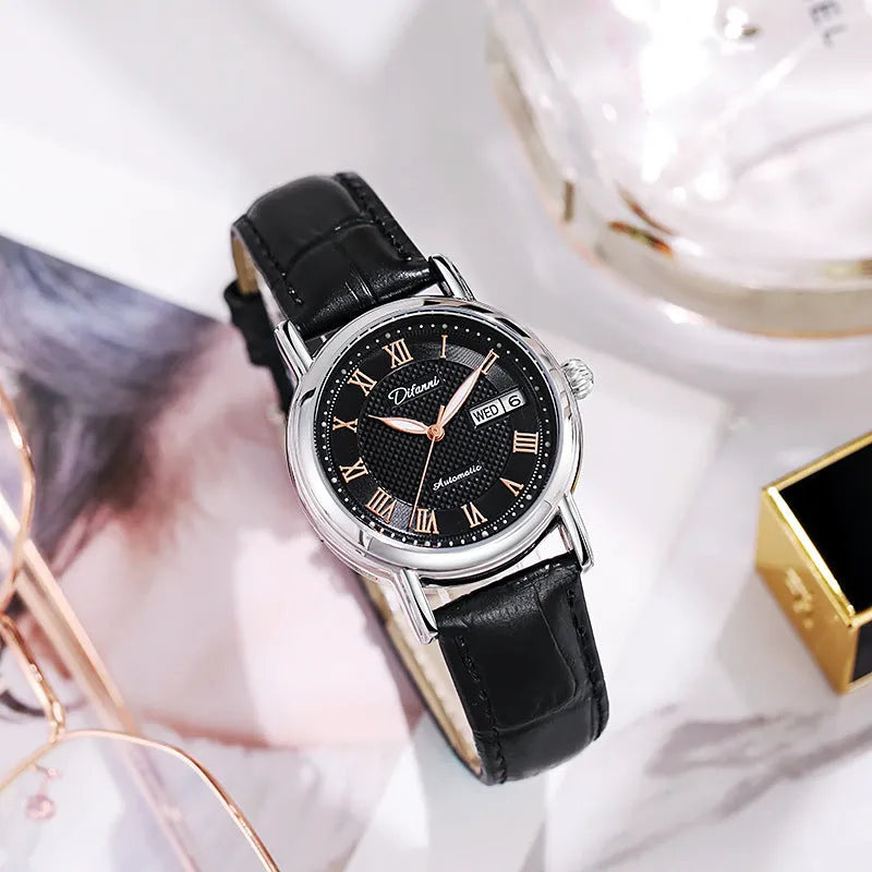 Women's automatic mechanical watch with 12mm thick case shown in various strap and dial colour options.