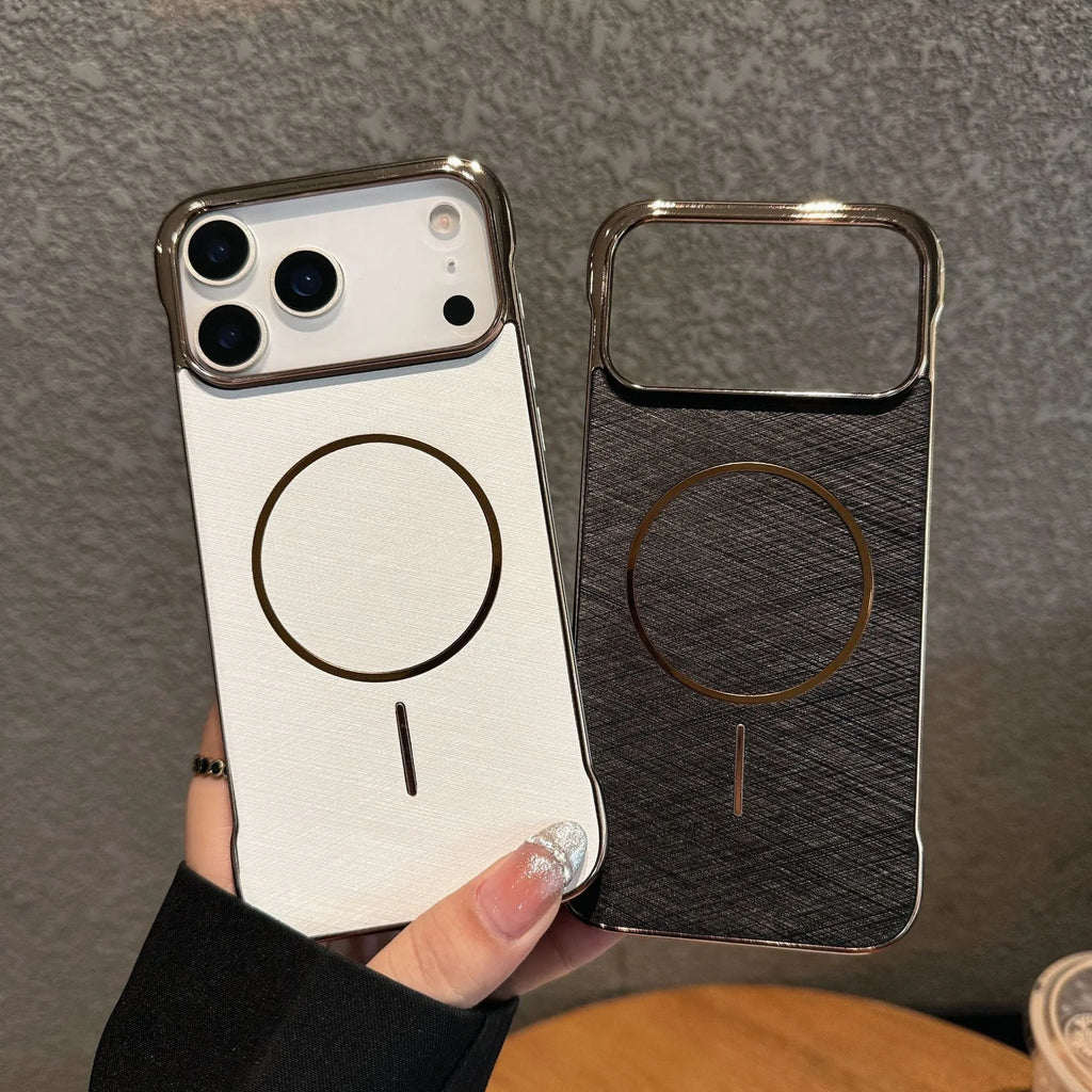 Electroplating frameless magnetic phone case for iPhone 17 in various colours showing half-pack design.