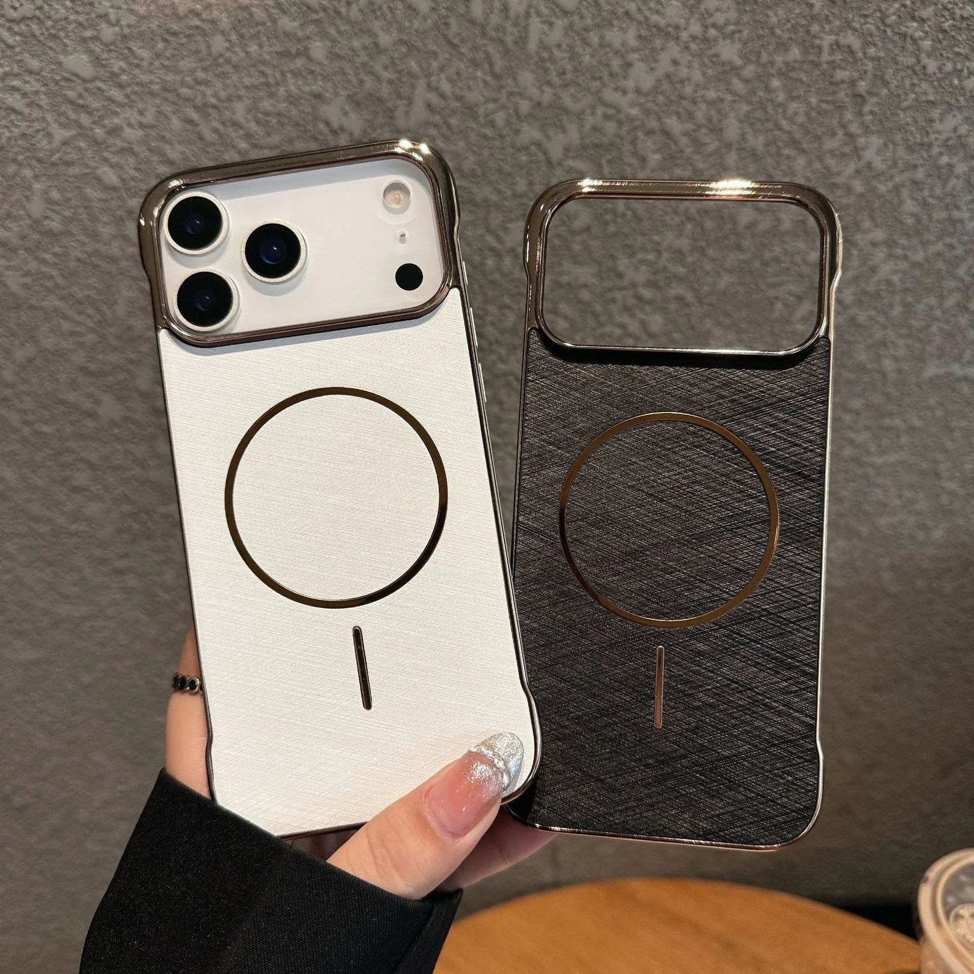 Electroplating frameless magnetic phone case for iPhone 17 in various colours showing half-pack design.